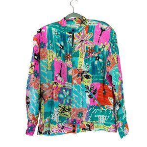 Diane Gilman Womens Multicolor Floral Patchwork Button-Up Silk Jacket